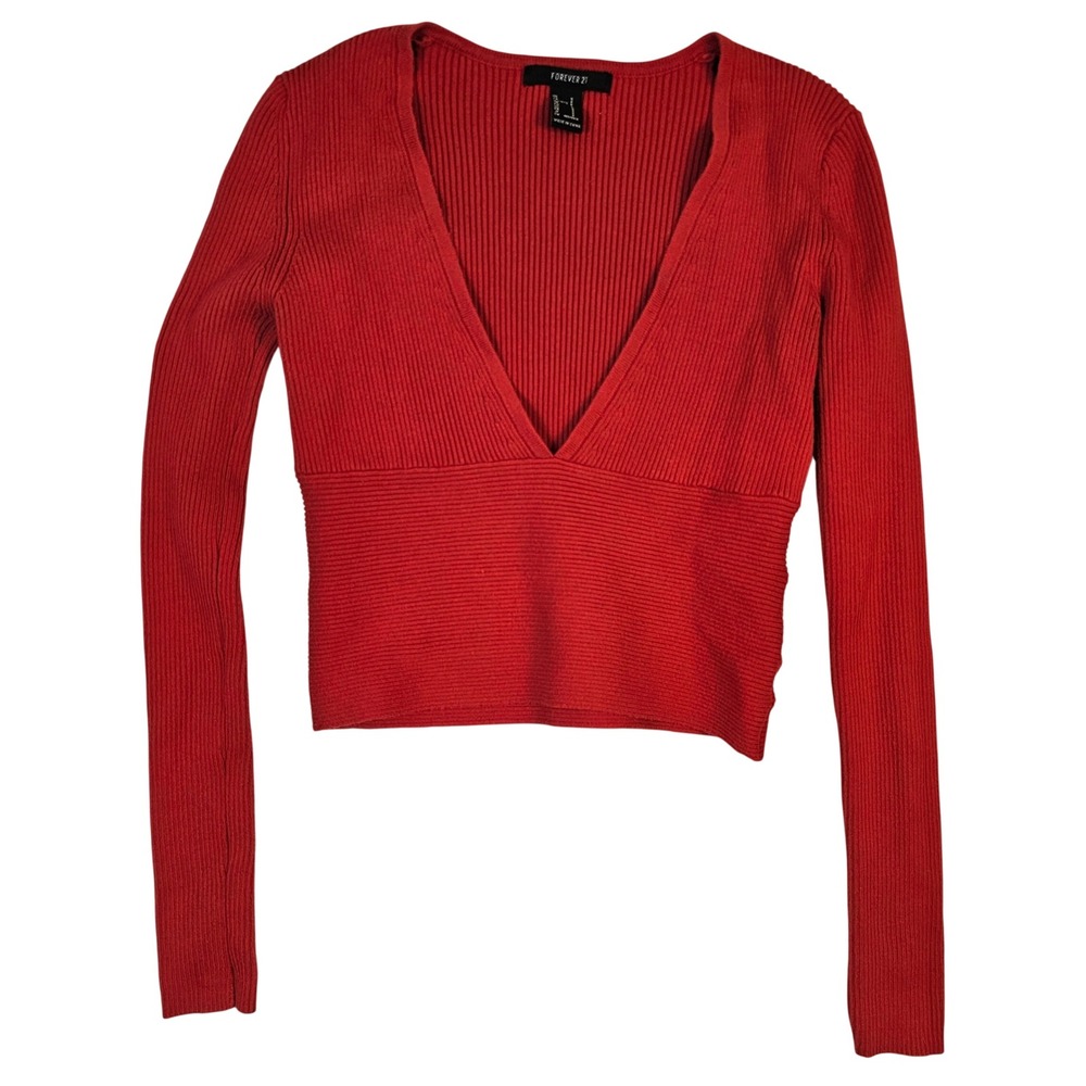 Forever 21 Womens Red Ribbed V-Neck Long Sleeve Cropped Top Small